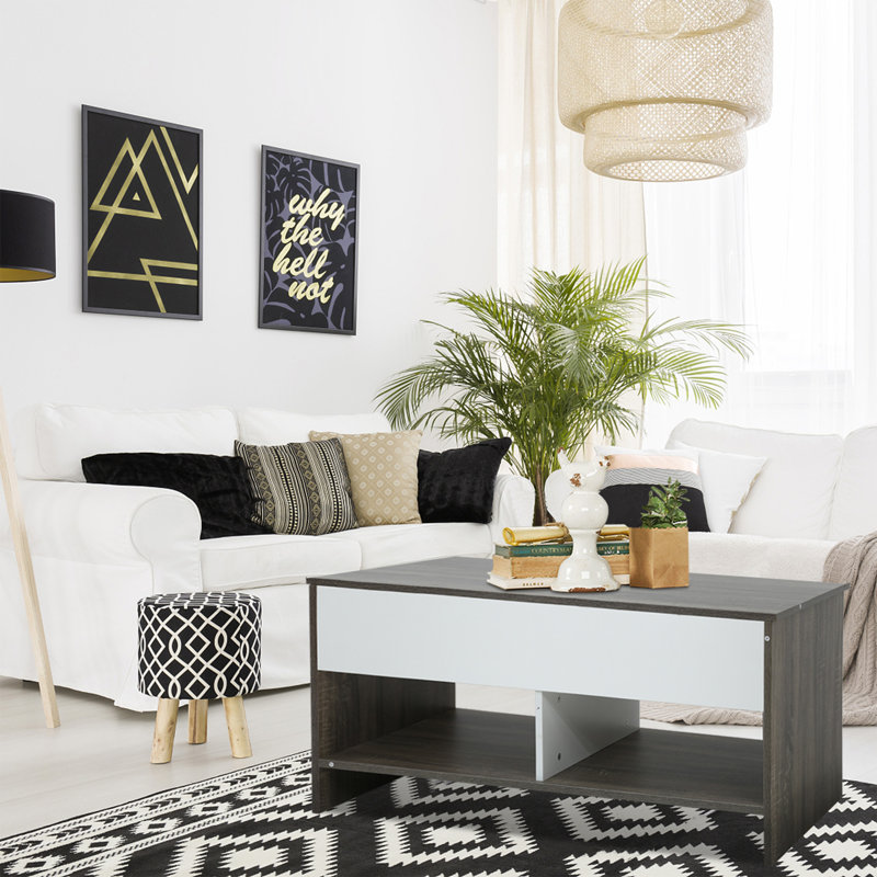 Table basse à plateau relevable avec compartiment caché et tablette inférieure avec barre à air silencieuse et plateau escamotable pour le salon (chêne et blanc)