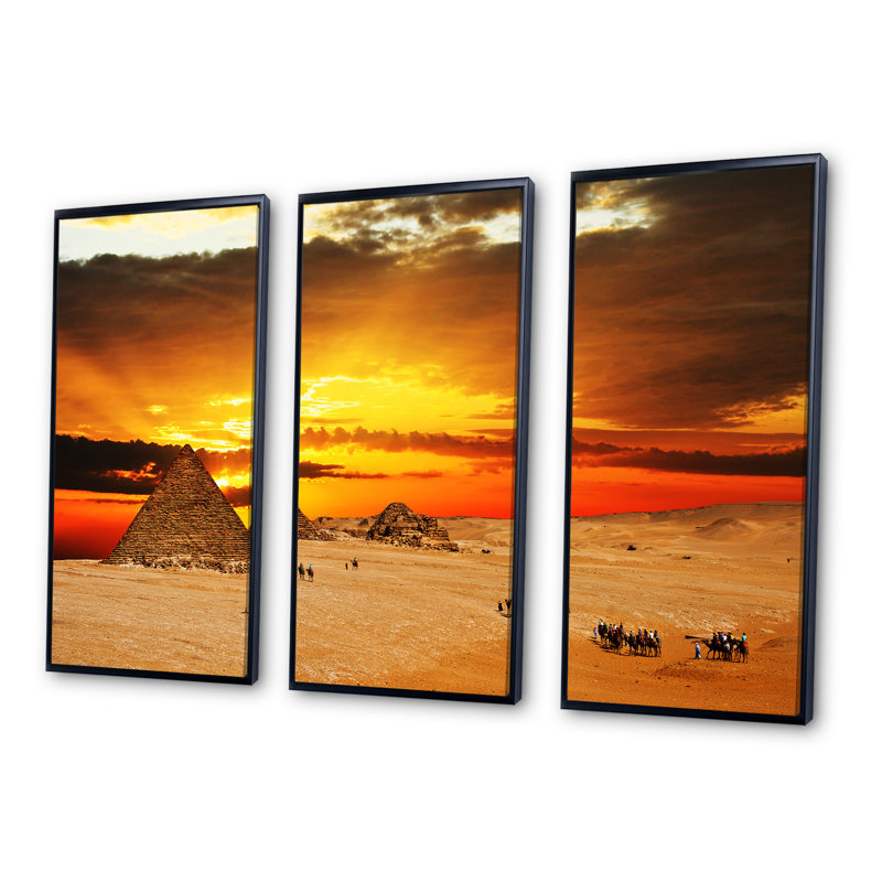 Camel Caravan At Sunset - 3 Piece Print on Canvas, Black Framed, 36" W x 28" H