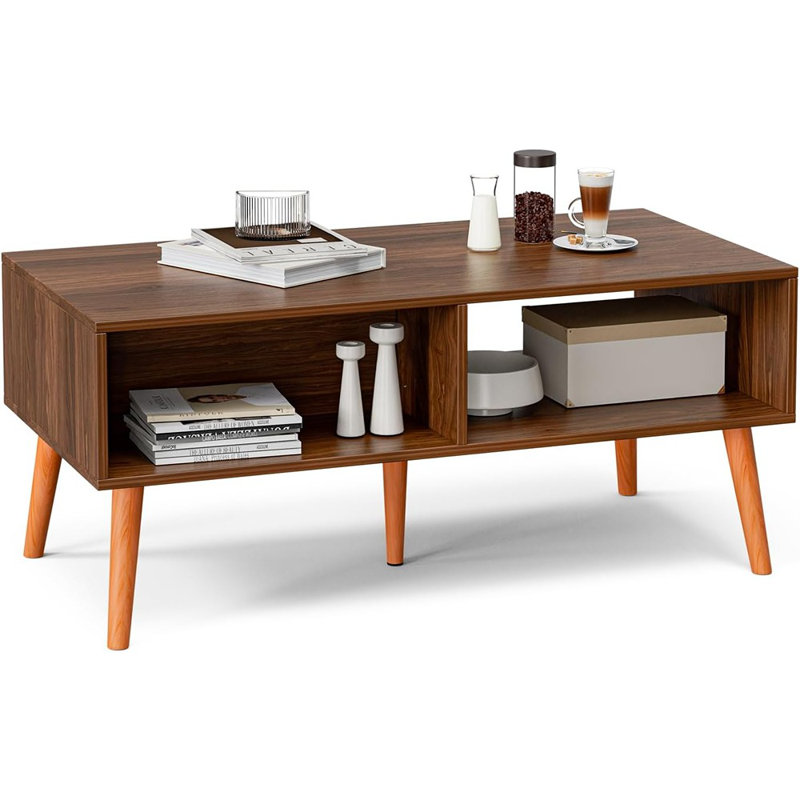 Table basse avec rangement, table de salle à manger Boho avec tiroir en rotin et pieds en bois massif, petites tables basses de salon