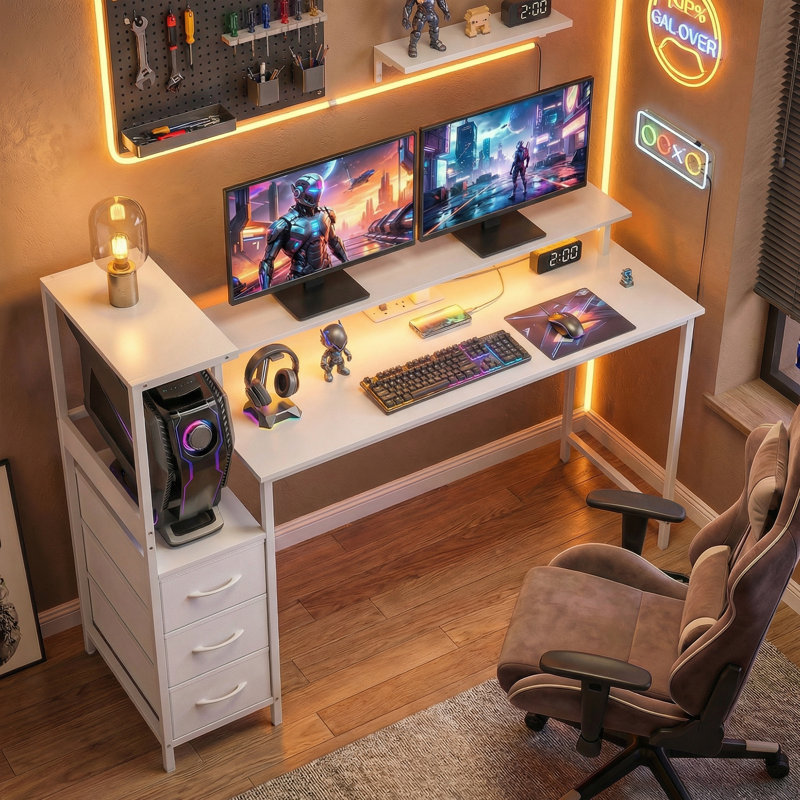 Adjustable L-Shaped Computer Desk, White