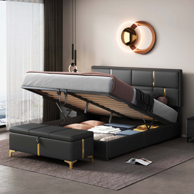 Ensemble de chambre à coucher 2 pièces noire - Grand lit plateforme tapissier avec système de rangement hydraulique et repose-pieds avec pieds en métal