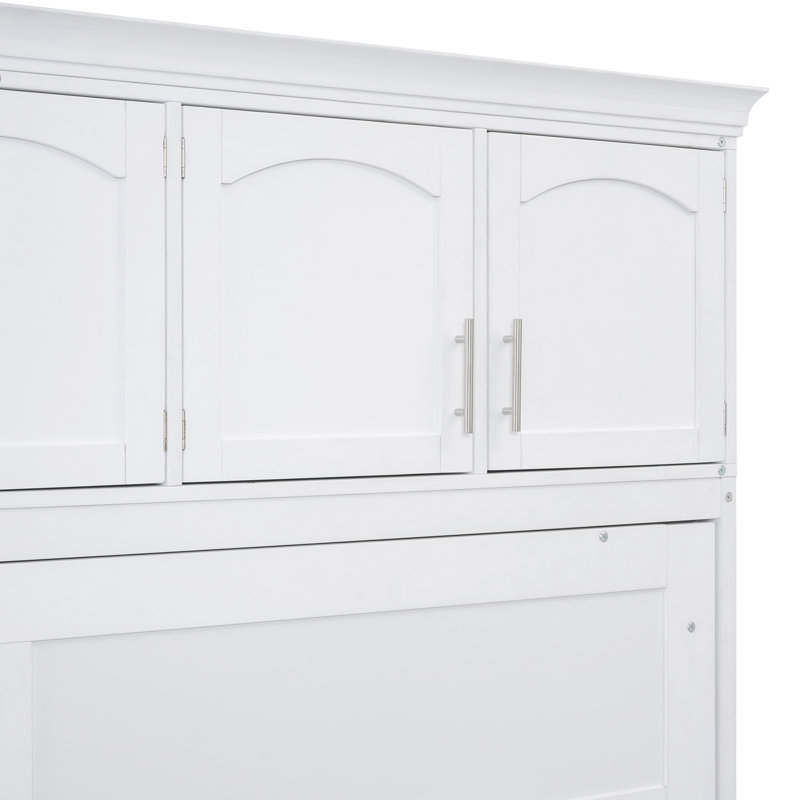 Queen Murphy Bed with Storage Cabinets and Shelves, White