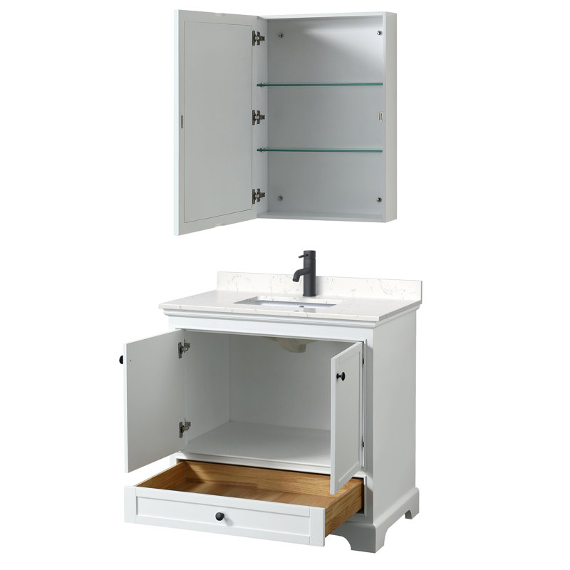 Ensemble de meuble-lavabo simple 36 "avec miroir Deborah, Marbre de culture de Carrare, Gris foncé, Chrome poli