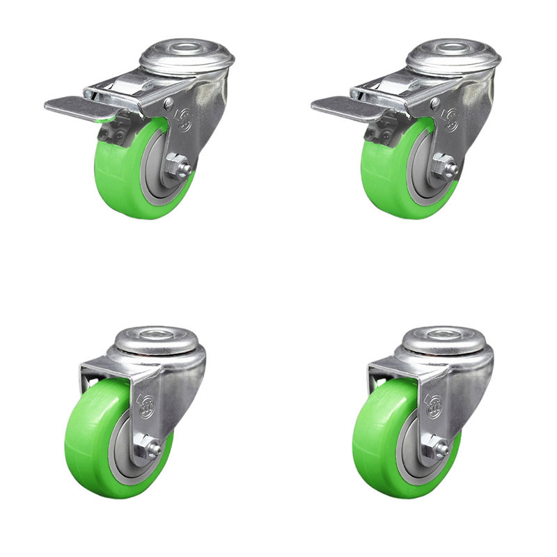 Ensemble de roulettes pivotantes en polyuréthane vert 3,5 pouces avec 2 trous de frein
