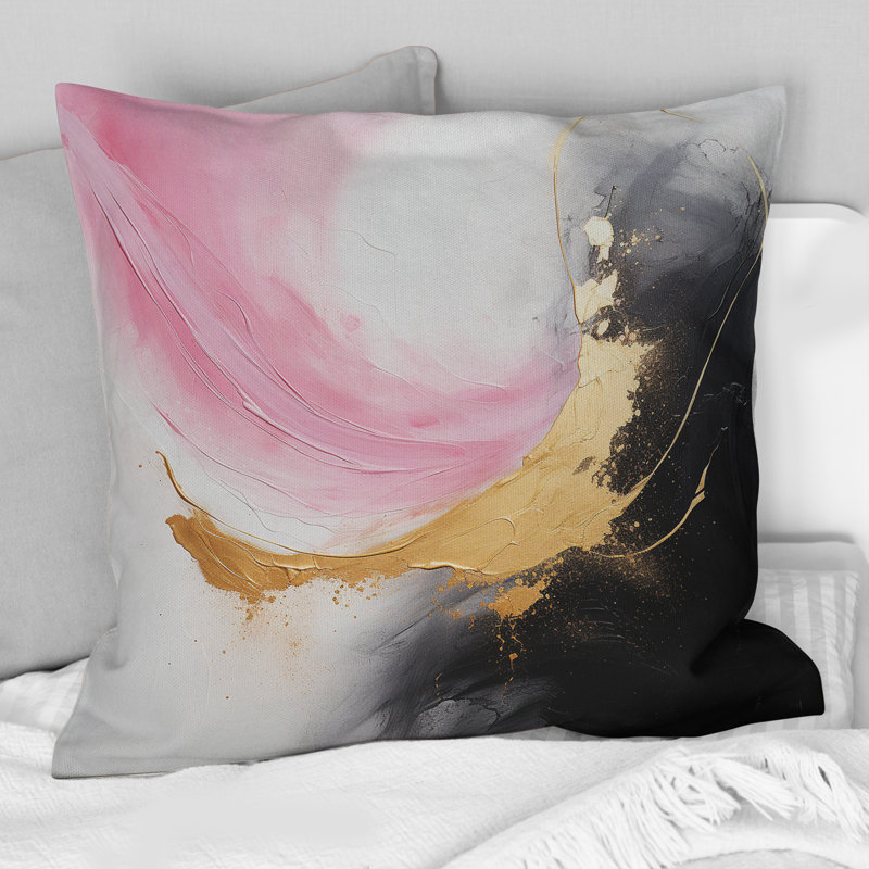 Abstrait vague dorée abstraite rose et noire III - Coussin décoratif avec peinture abstraite
