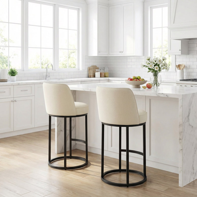 Ensemble de 2 tabourets de baril de comptoir modernes avec dossier, tabourets de bar en lin revêtus de lin, sièges d'appoint confortables pour tables à hauteur de comptoir et barres de petit-déjeuner