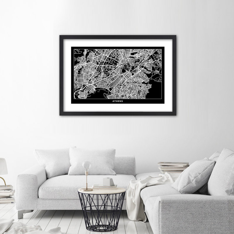Plan Of The City Of Athens - Single Picture Frame Print, 70cm H x 100cm W, Black