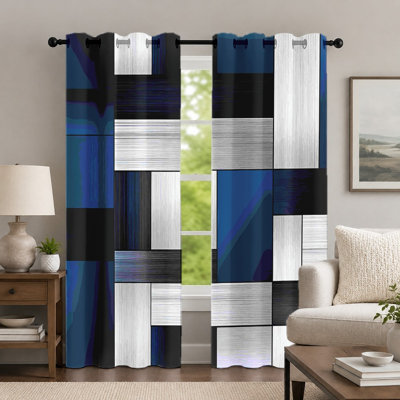2Pcs White Geometric Grid Curtains, Abstract Style Curtain, Modern Color-Block Printed Art Grommet Drapes, Window Treatment for Bedroom Living Room Decor