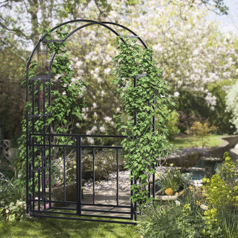 Jardin en métal 81 po avec barrière verrouillable et cadre de vigne grimpante, idéal pour la décoration d'une fête de mariage, gris, portes doubles