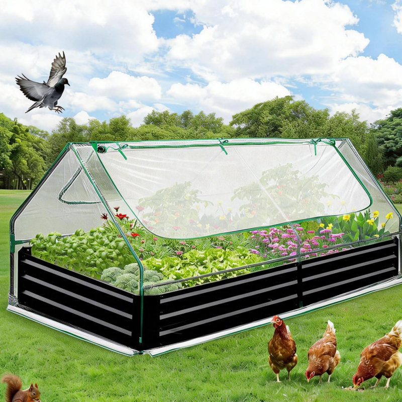  High-Quality Raised Garden Bed with Canopy - 8x4x1 ft Galvanized Metal Planter Box, Clear Cover, Large Screen Windows, Mini Greenhouse for Vegetables, Flowers, Backyard, Black, 240x120x28cm