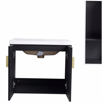 24" Wall-Mounted Bathroom Vanity With Ceramic Sink and Side Cabinet, Doors