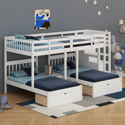 Full Over Twin & Twin Wooden Triple Bunk Bed - Storage Drawers & Full-Length Guardrails