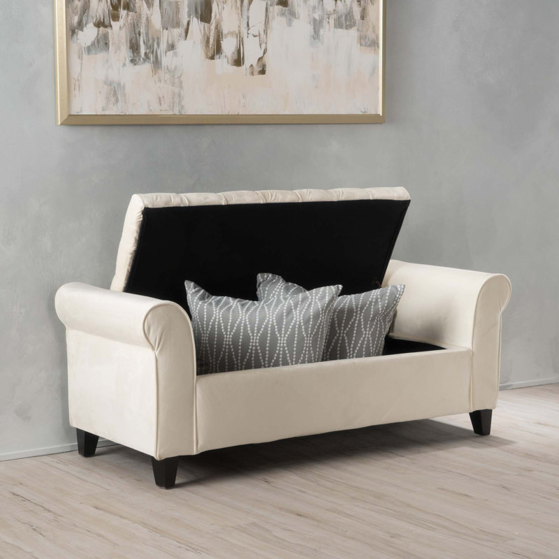 Banc de rangement capitonné à boutons avec accoudoirs roulés et plateau relevable pour des sièges et un rangement polyvalents
