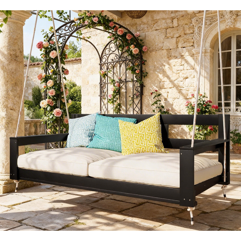 Lit suspendu en bois d'acacia Minimalist Farmhouse, Noir