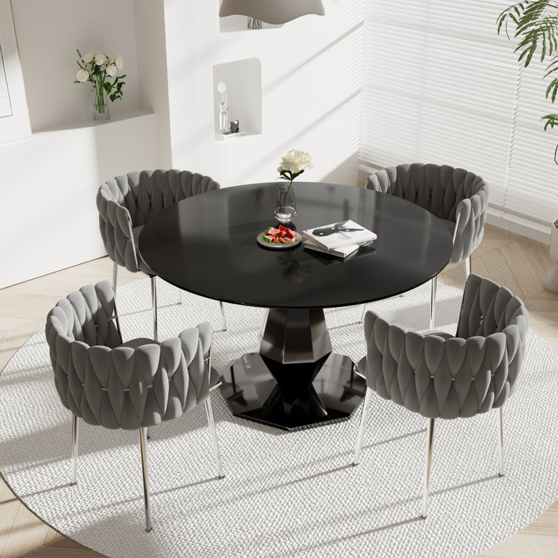 Round Pedestal Tempered Glass Dining Table, 29.50"H x 47"L x 47"W, Black