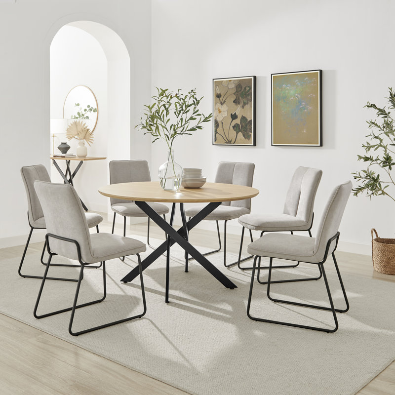 Hadlow Veneer & Metal Round Dining Table With Eubanks Fabric Chairs - Modern Statement Design, 6