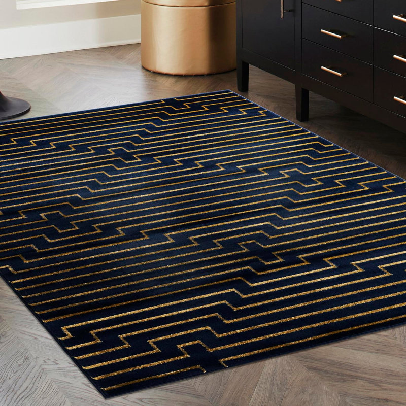 Tapis Latitude Run® Mirage Nikica Bleu marine et or Latitude, Rectangle 5 pi 3 po x 7 pi 1 po