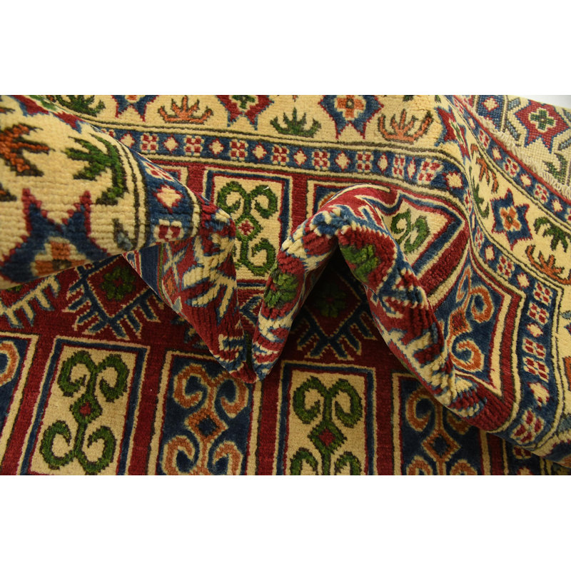 Tapis de zone en laine beige/rouge 3 pi 3 po x 5 pi one-of-kind à la main noué la Alayna