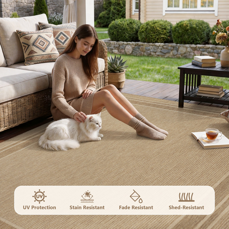 Geometric Bordered Indoor/Outdoor Area Rug In Warm Beige, UV-Resistant Easy-Clean Shed-Resistant Patio Rug For Deck, Porch & Dining Room