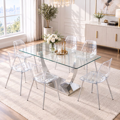63" Dining Table Set for 4-6, Rectangular Tempered Glass Dining Table with Metal Base and Clear Moulded Plastic Chairs