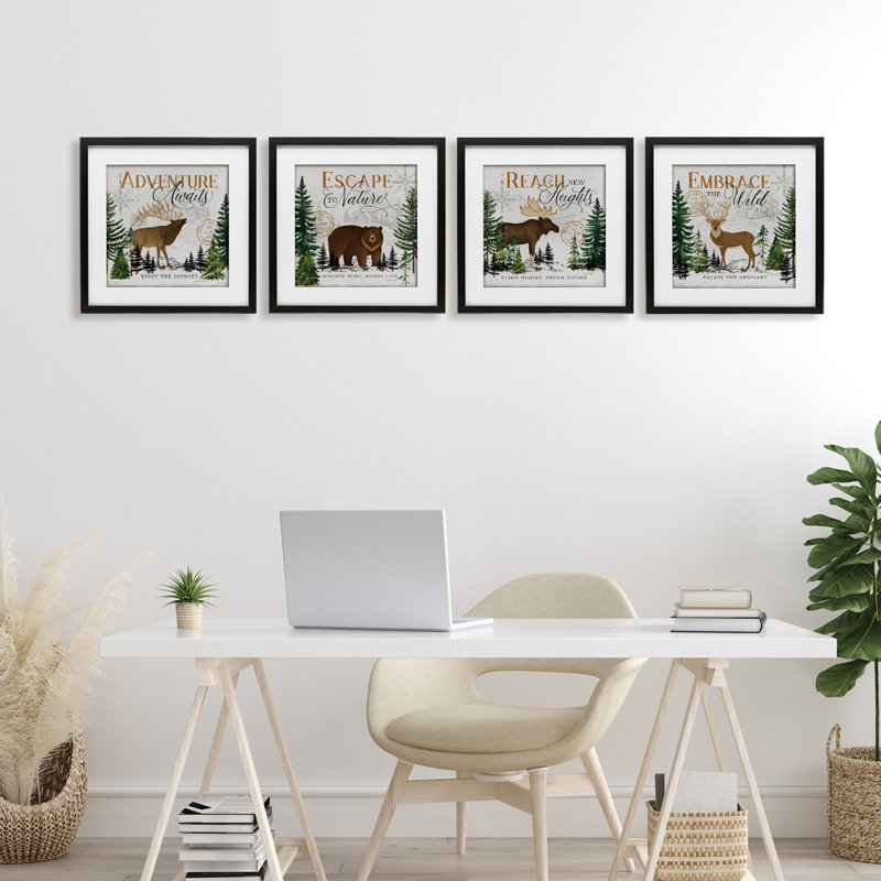 Pines Adventure Sayings 4pc Framed Print Under Glass Set, design by Jennifer Pugh, 13" H x 13" W, Midnight Black Frame