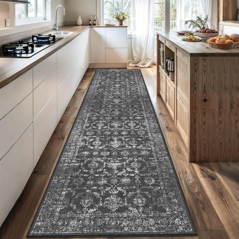 Vintage Boho Area Rug - Washable Non Slip Low Pile Rug, Black, Runner 3' x 12'
