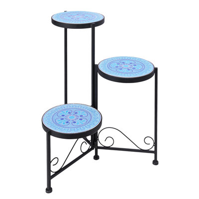 Mosaic Plant Stand Foldable Corner Shelf for Indoor Outdoor Tall Plant Holder Display Rack, 3 Tier, (Blue)