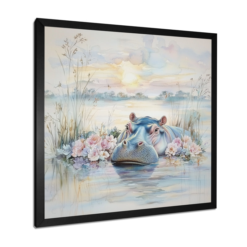 Fleur hippopotame au coucher du soleil - art mural salon hippopotame, H 36 po x l 36 po, Noir