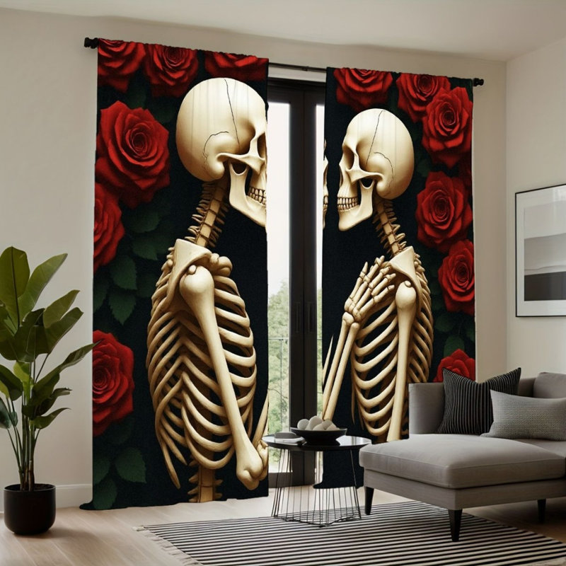 2Pcs Skeleton Love Curtains, Red Rose Floral Pattern, Rod Pocket Light Filtering, Gothic Romance Style, All-Season For Living Room Bedroom Window Decor