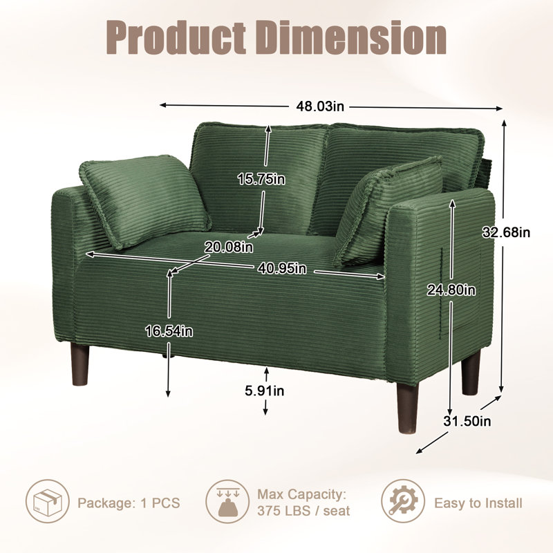 48.03" Upholstered Sofa Soft Corduroy Loveseat Couch With Side Pocket, Dark Green