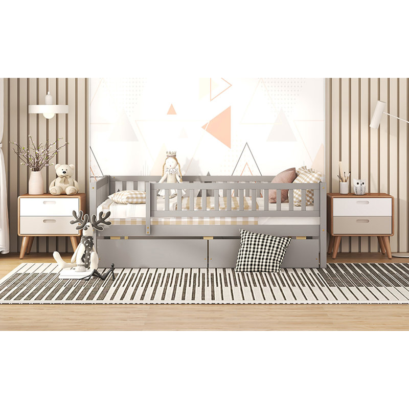 Lit de jour double en bois avec deux tiroirs, Gris