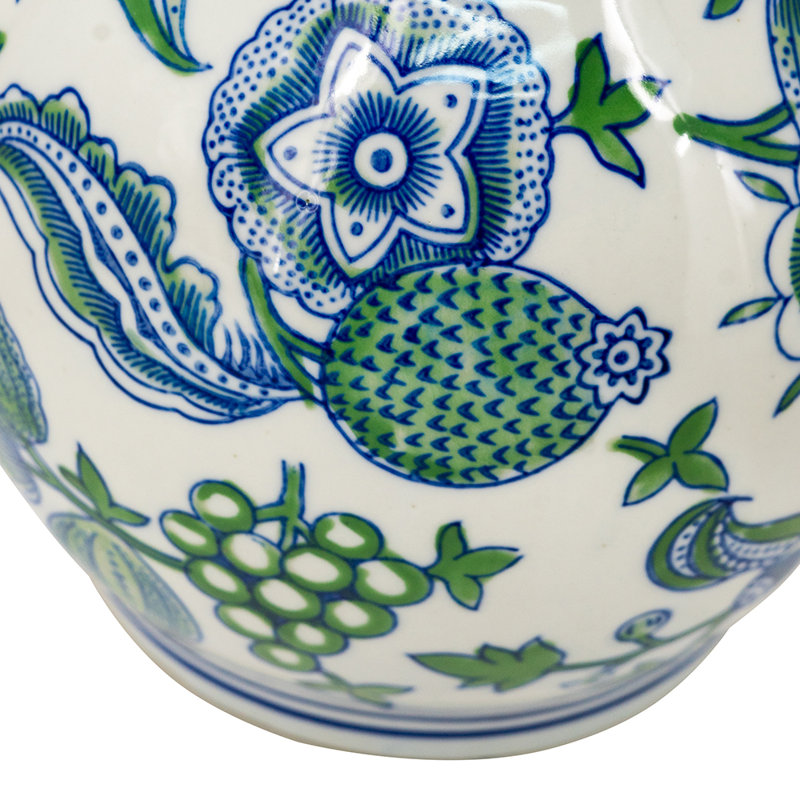 Porcelain Double Gourd Vase with Cherry Blossom Patterns - 7"Dia. x 13.5" - Blue/Green/White