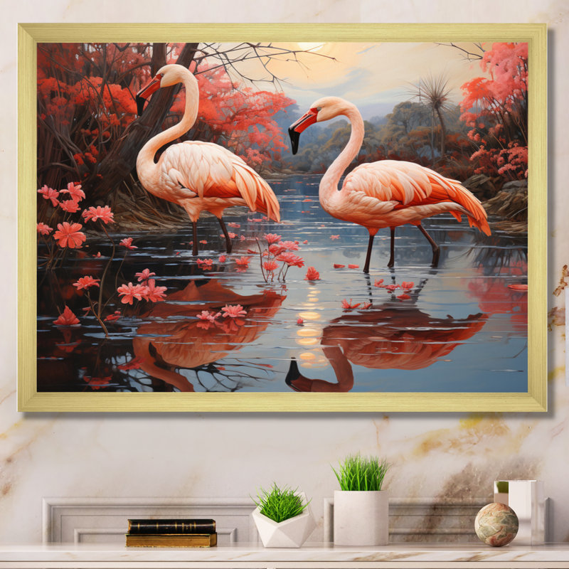 Flamant flamant rose pastel - imprimé, H 34 po x l 44 po x P 1,5 po, Cadre doré simple