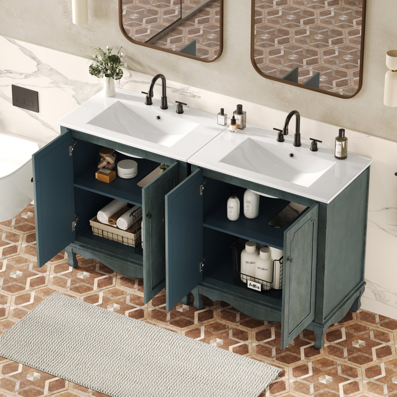 Ensemble de meuble-lavabo 2 pièces, pieds en bois d'hévéa et tablettes réglables, Bleu vert antique
