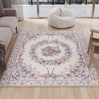 Tapis papillon 8 x 10 pi pour salon, tapis à poils courts avec envers en caoutchouc lavable et antidérapant grand tapis moderne pour chambre à coucher, rose