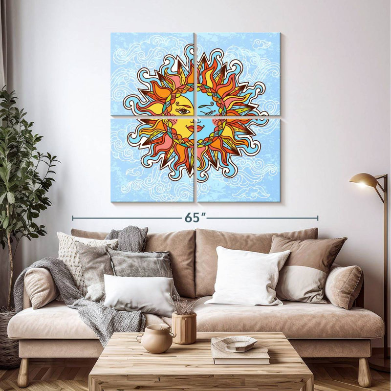 Caricature de soleil boho et de lune, H 45 po x l 45 po