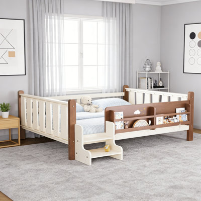 Full Size Solid Wood Kids Floor Bed With Storage Bookcases, Cute Stairs & Guardrails, No Box Spring Needed (Beige)