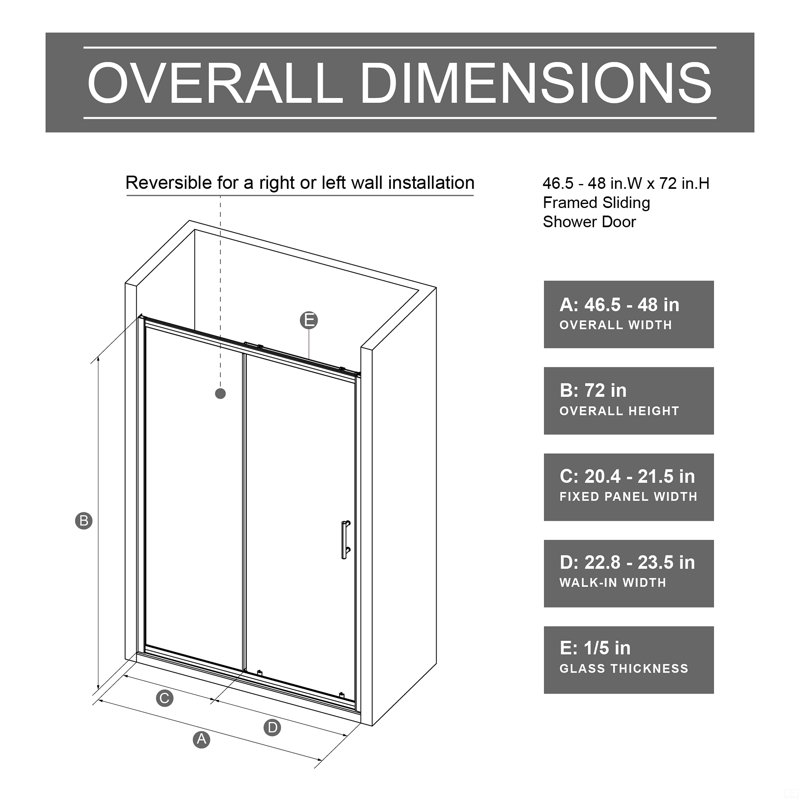48.In W X 72.In H Single Sliding Shower Door, 1/5 Inch Thick Clear Tempered Glass Shower Door With Stainless Steel Handle