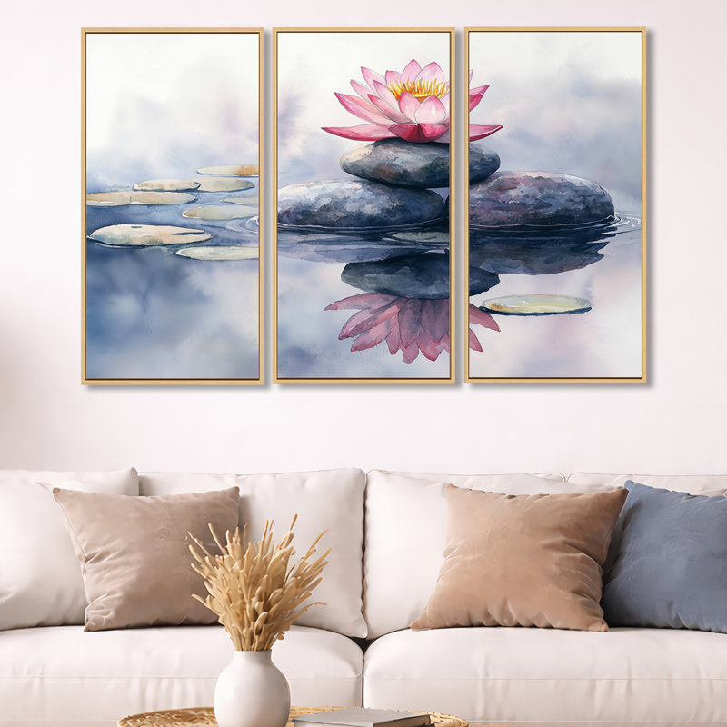 "Stacked Stones Wall Art", ensemble de 3 impressions sur toile encadrées de lotus, H 32 po x l 48 po, Cadre crème crème