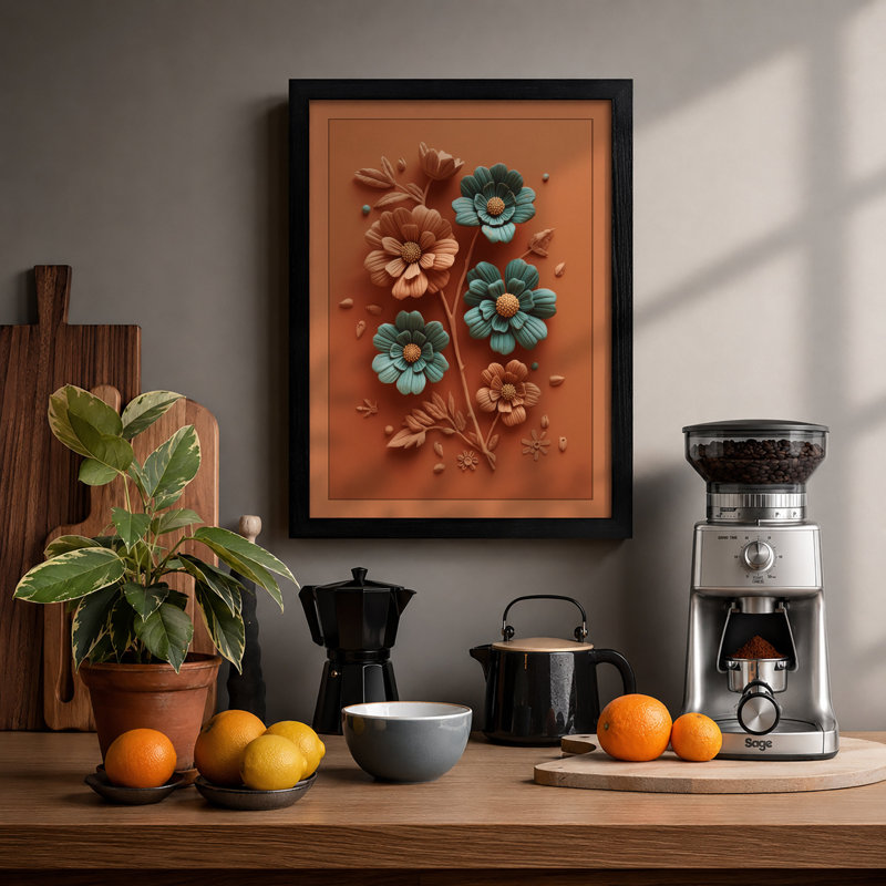 Terracotta Blooms Botanical - Framed Print, Black, A3 - 42.0 x 29.7 cm