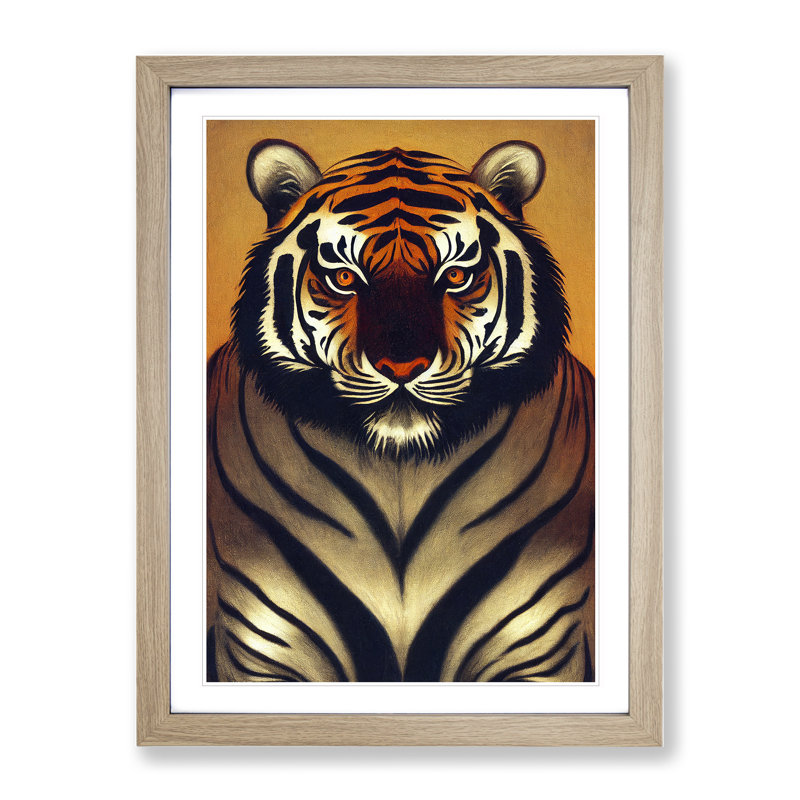 Focused Tiger - Single Picture Frame Painting, 34cm H x 25cm W x 2cm D, Oak