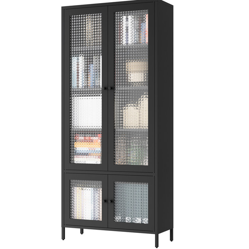 Armoire autoportante noire avec portes en verre trempé et 5 tablettes réglables pour le bureau à domicile, chambre à coucher - rangement moderne en métal 4 tablettes, utilisation couleur