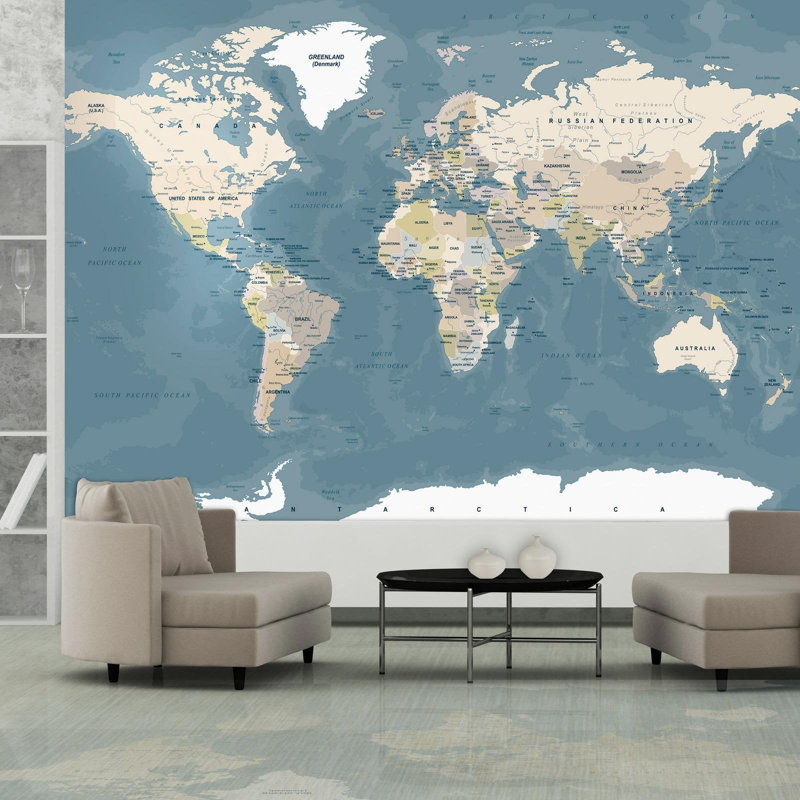 Adhésif mural amovible carte du monde Highville - carte du monde en couleurs douces, L 124 po x l 173 po