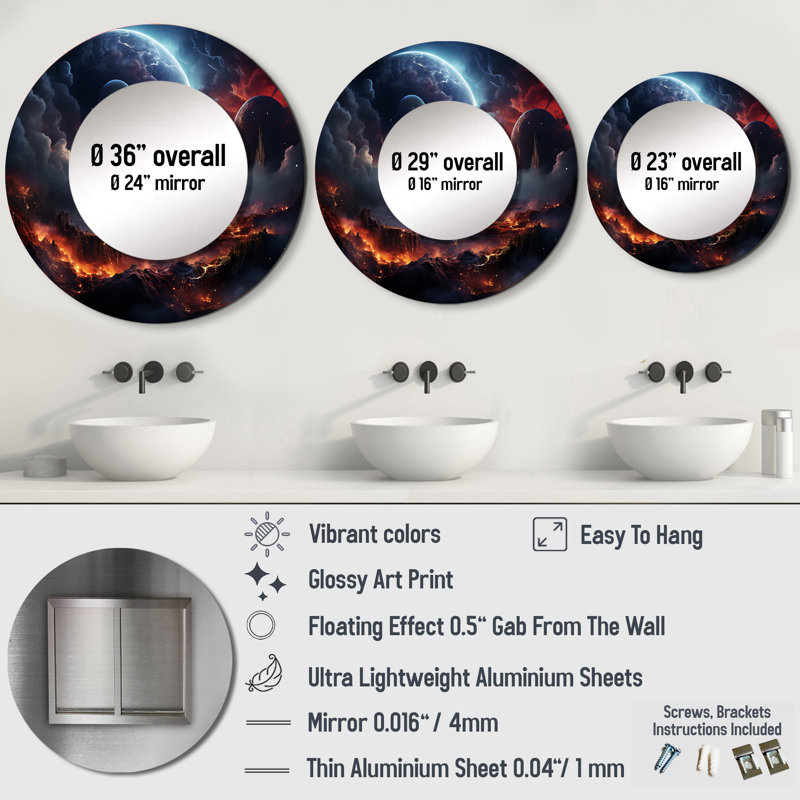 Orange Black Astronomical Space Dreams II - Galaxies Round Mirror Wall Decor, 36" x 36"