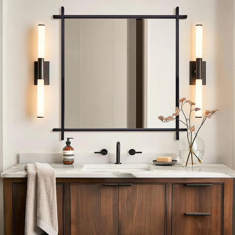 Vintage Cross Corner Rectangle Bathroom Vanity Mirror | Stainless Steel Frame, Matte Black, 36" x 36"