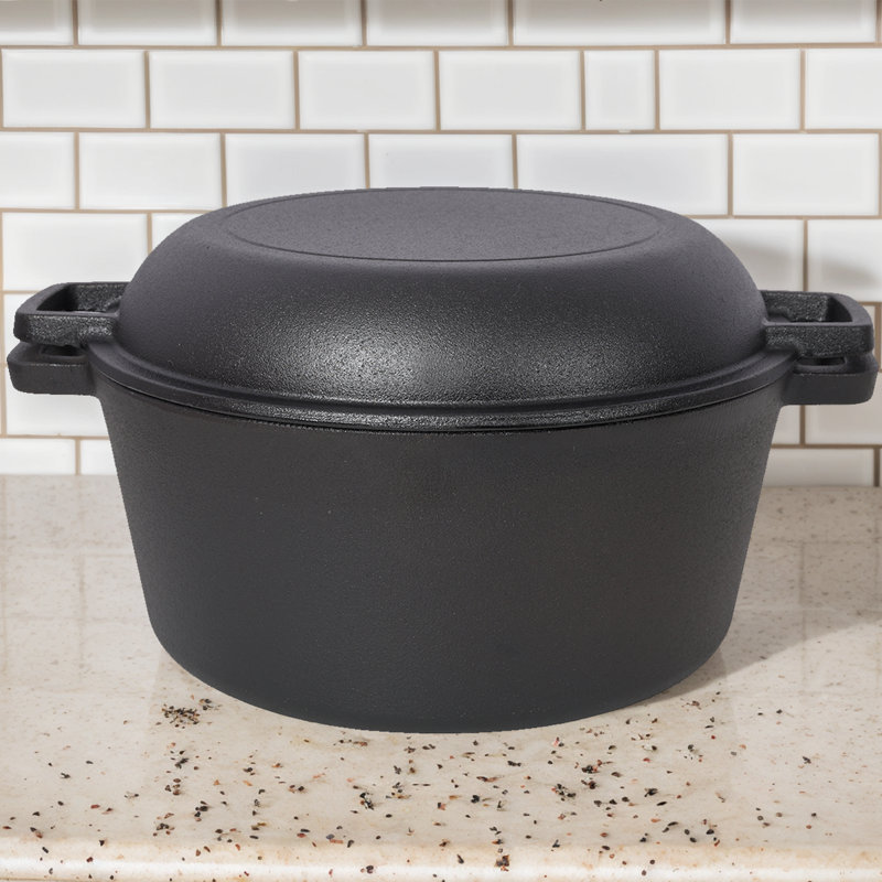 Étuve en fonte 2 en 1 avec couvercle de poêle, casserole pré-assaisonnée de 5 pintes avec deux poignées pour le camping et le barbecue