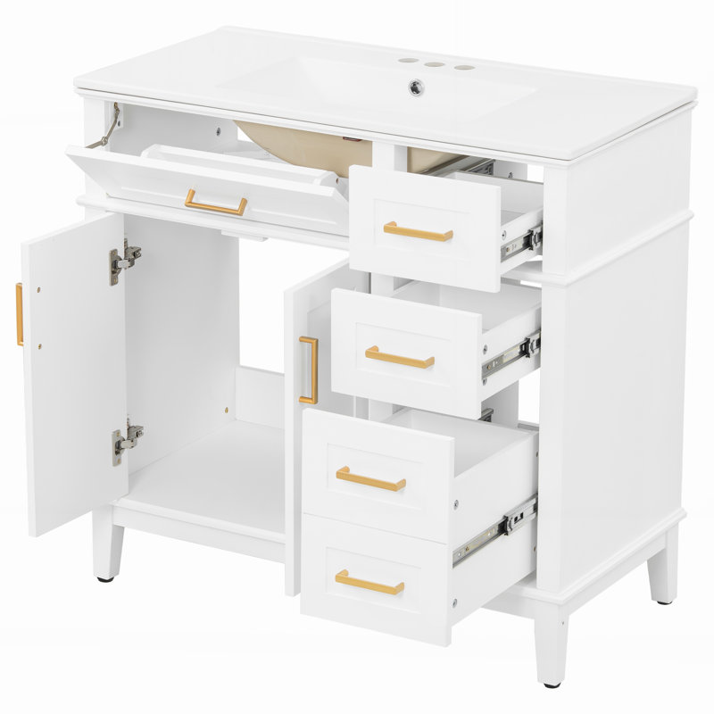 Meuble-lavabo de salle de bain de 36 pouces (91 cm) avec 4 tiroirs de rangement et porte à fermeture en douceur, Blanc
