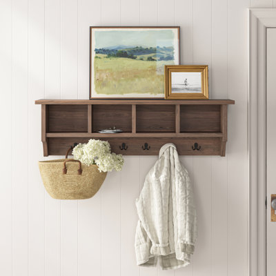Alezzi Pomona Industrial 48 in.  Wood Wall Mounted Coat Rack With 6 Strong Metal Hooks and 4 Cubbies- 10 in. w x 7 in. d x 6 3/4 in. h - Tool Organization and Garage Storage (Rustic Natural)