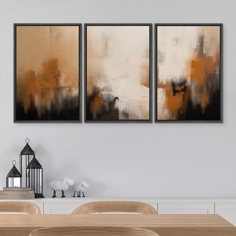 Motif de coups de peinture noir et orange, impression sur toile, 3 pièces, Noir, H 36 po x l 72 po x P 1,5 po