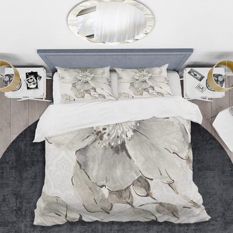 Ensemble de housse de couette Indigold Grey Peony II - Microfibre polyester, Housse simple + 1 taie décorative